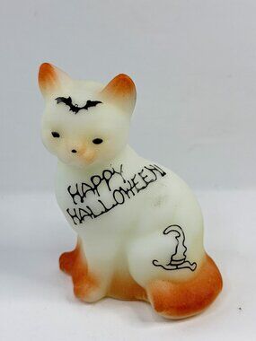 Vintage Fenton Happy Halloween Cat Satin Glass Hand Painted A918